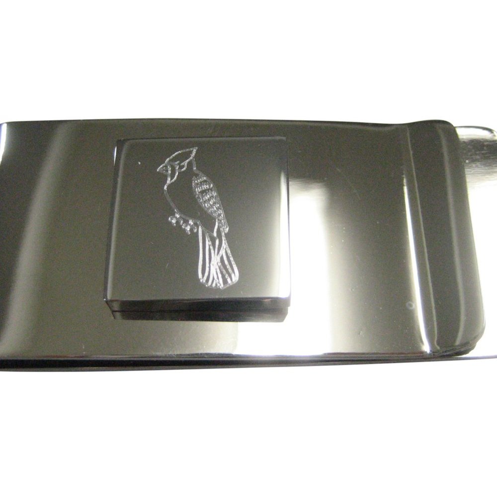 Silver Toned Square Etched Blue Jay Bird Money Clip